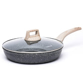 CAROTE 12-inch nonstick frying pan with glass lid showing granite coating for easy release