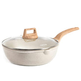 CAROTE 12-inch nonstick pan with lid, open view shows easy-release surface for sautéing