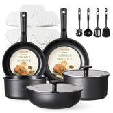 CAROTE 17Pcs pots and pans set with detachable handle resting on stovetop demonstrating space-saving storage.