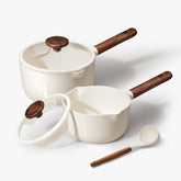 CAROTE 2qt saucepan with lid shows compact design for quick heating and easy pouring