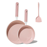 CAROTE ceramic frying pans set – front view, pink finish, ready for quick, low-oil meals