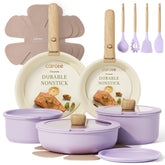 CAROTE detachable-handle pots and pans set saves space when stored with handles removed.