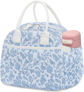 Carry bloom corduroy lunch bag with front pocket for cutlery and organization.
