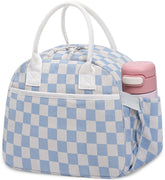 Carry bloom lunch box with corduroy checkered pattern and front pocket for utensils