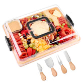 CAWIU charcuterie board with lid and black handle for secure transport.