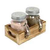 CB Accessories mason jar salt and pepper shakers with wood caddy on kitchen counter for farmhouse style.