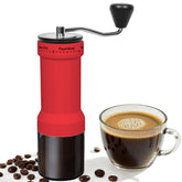 CEVING mini manual coffee grinder front view; travel-ready compact design for fresh coffee anywhere.
