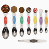 CH1EF magnetic measuring spoons set, full view, eight-piece stainless steel design for easy storage.