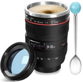 Chasing Y camera lens mug with lid enhances desk coffee experience.