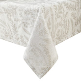 Chassic cream damask tablecloth on a full 8-foot table setup.