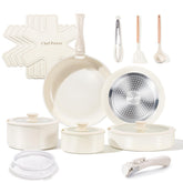 Chef Power ceramic cookware set with detachable handles for compact storage.
