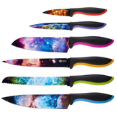 CHEF'S VISION Cosmos knife set close-up of blade with vibrant cosmos design for precise slicing.
