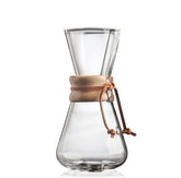 Chemex classic 3-cup pour-over glass highlights timeless design for rich, clean coffee.