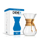 Chemex classic 6-cup pour-over glass coffee maker showcases elegant design for precise brewing.