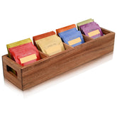 Chicvilla acacia tea bag organizer with four slots keeps flavors neatly sorted on the counter.