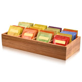 Chicvilla Acacia Wood Tea Bag Organizer, top view, eight organized flavors for quick tea selection.