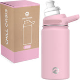 Chill Oasis 12oz pink water bottle, front view for easy grip and portability.