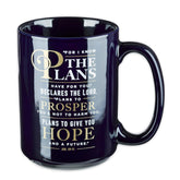 Christian Art Gifts navy blue ceramic mug, front view, ideal for daily devotionals.