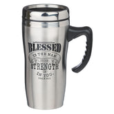 Christian Art Gifts travel mug with lid and handle keeps beverages warm on the go.