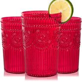 Ciaell romantic red plastic glasses with embossed ribbed design ideal for cocktails and beverages.