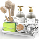 Cisily sink caddy with drip tray keeps sponges and brushes neatly organized.