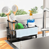 Cisily sponge holder with towel rack keeps kitchen clutter neatly organized.