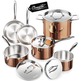 Ciwete tri-ply copper finish set enhances cooking with even heat distribution.