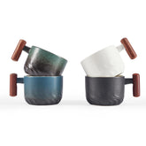 CLASGLAZ espresso mug with wooden handle and blue glossy interior for rich crema