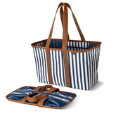 CleverMade Collapsible Luxe Tote in navy stripes, open for groceries and shopping.