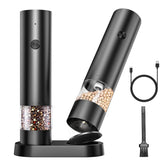 CLICKISS electric salt and pepper grinder set with base and cap for mess-free dining.