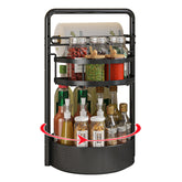 Clokta rotating spice rack with 2 tiers and paper towel holder on kitchen counter for easy access.