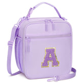 CLOUDWINGS initial lunch bag purple front view with personalized patch for school