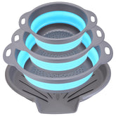 Cluren collapsible colander set with foldable tray for space-saving kitchen storage.