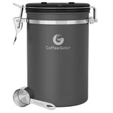 Coffee Gator canister with airtight lid keeps coffee beans fresh longer.