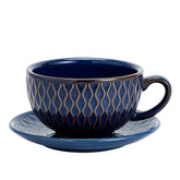 Coffeezone Vintage 12oz latte art cup with embossed blue glaze for elegant coffee moments.
