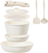 Coicur ceramic cookware set with detachable handle for easy transfer between stove and oven