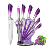 Cokinutvalleyus purple knife set in acrylic block for organized, quick access.