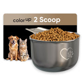 Color Up 2 Scoop with dual pour spouts for mess-free pet food.