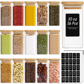 ComSaf 16Pcs glass spice jars with square body and bamboo lids for organized storage