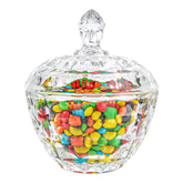 ComSaf glass candy dish lid open showcasing colorful treats on a desk