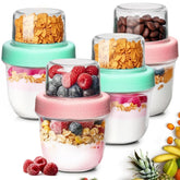 ComSaf dual-layer overnight oats jar showing separate topping compartment for fresh flavor