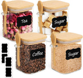 ComSaf square glass jar set with bamboo lids, four pieces, ideal for pantry organization.