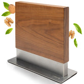 Coninx walnut magnetic knife holder on display stand showcases knives safely and stylishly.