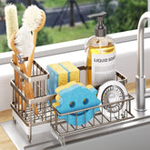 Consumest sponge holder with 360° spout drains water into the sink for a dry counter.