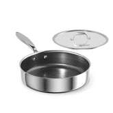 Cooker King 3-6 qt stainless steel saute pan with lid, ideal for even searing and browning.