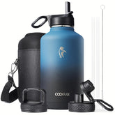 Coolflask half-gallon bottle with wide mouth for easy filling and cleaning.