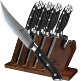 CoquusAid steak knives in a ventilated block with built in sharpener for ready to cut meals