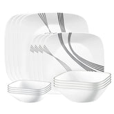 Corelle Urban Arc dinner plates with white and gray motif, durable for daily meals.