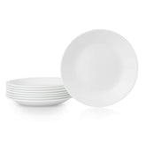 Corelle Vitrelle 8-piece Winter Frost White plates; lightweight and chip resistant for everyday meals.