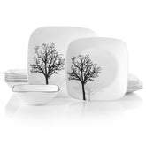 Corelle Vitrelle Timber Shadows dinner plates on a table, durable and easy to clean.